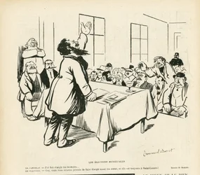 Ilustración de Emmanuel Barcet (1870-1940) en Le Rire, 09/05/08 - Elecciones municipales - Elecciones, Reunión política, reunión, reunión electoral, elecciones municipales