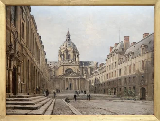 Vista del patio de la antigua Sorbona en 1886, el antiguo conjunto de la Sorbona construido en el siglo XVII a petición de Richelieu fue destruido para ser reconstruido y ampliado entre 1885 y 1901. Se diseñaron edificios inspirados en el estilo Luis XIII