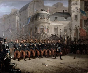 El regreso de las tropas a París desde Crimea, Boulevard des Italiens, frente al Pabellón de Hanover, diciembre 1855