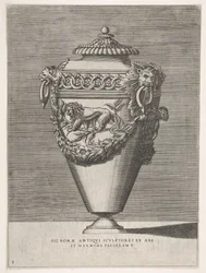 Urna antigua con tapa decorada con un motivo de anillos de diamantes y leones, de Vasijas