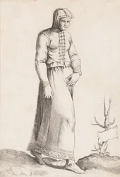 Placa de vestuario: Mujer con prenda con capucha, ca. 1557-58