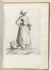 Mantenga Galla o Flandren. (título en el objeto) Dienstbode uit Vlaanderen, gekleed volgens de mode van ca. 1550 La actitud de los comerciantes contemporáneos (título de la serie)