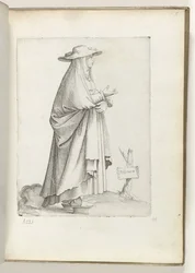 Hispana m(ulier) (título sobre objeto) Vrouw naar rechts, en Spaanse kleding. California. 1550 La actitud de los comerciantes contemporáneos (título de la serie)