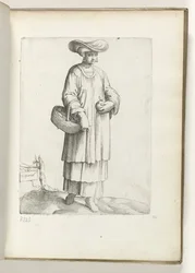 Español (título sobre objeto) Vrouw conoció a mand en Spaanse kleding. California. 1550 La actitud de los comerciantes contemporáneos (título de la serie)