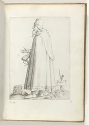 Español (título sobre objeto) Oude man, naar links, en Spaanse kleding. California. 1550 La actitud de los comerciantes contemporáneos (título de la serie)