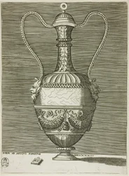Jarrón con dos máscaras grotescas, plato seis de Una serie de jarrones dibujados según la antigüedad