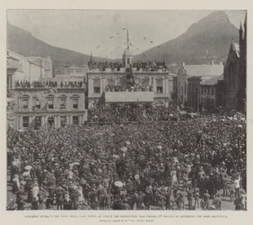 Asamblea fuera del Ayuntamiento de Ciudad del Cabo, en la que se aprobó la Resolución a Favor de Anexar las Repúblicas Bóer