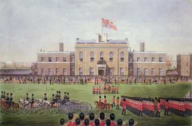 Gran desfile de la Honorable Compañía de Artillería, grabado por H. Billingsley después de una fotografía de Coleman, 1865