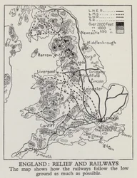 Mapa que muestra cómo los ferrocarriles en Inglaterra siguen el terreno bajo tanto como sea posible