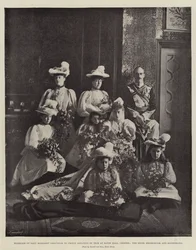Matrimonio de Lady Margaret Grosvenor con el Príncipe Adolfo de Teck en Eaton Hall, Chester, la novia, el novio y las damas de honor