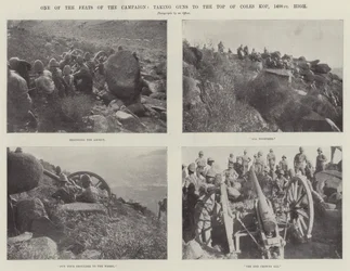 Una de las Hazañas de la Campaña, llevando Cañones a la Cima de Coles Kop, 1400 pies de Altura