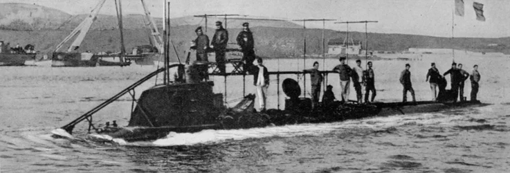 El Lutin perdido: El submarino francés saliendo del puerto de Bizerta en su último viaje, publicado en The Graphic, 27 de octubre de 1906