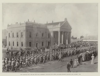 La Guerra del Transvaal, el Nuevo Ayuntamiento de Kimberley, con el Regimiento Leal de Lancashire del Norte Desfilando, 7 de Octubre de 1899