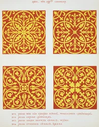 Diseños de baldosas del siglo XIII, ilustración de Especímenes de Pavimentos de Baldosas, Dibujados de Autoridades Existentes, por Henry Shaw, 1858