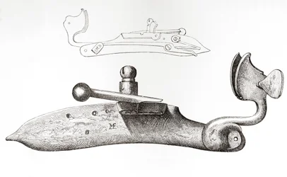 Matchlock del siglo XVII. Mecanismo o cerrojo utilizado para disparar un arma de fuego manual, de The British Army: Its Origins, Progress and Equipment, publicado en 1868.