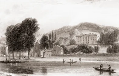 Vista del siglo XIX de Beaumont Lodge, Old Windsor, Berkshire, Inglaterra. Vendida en 1854 a la Compañía de Jesús y rebautizada Beaumont College, escuela pública jesuita. De Churton