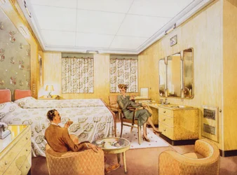 Un dormitorio a bordo del RMS Caronia, c.1950