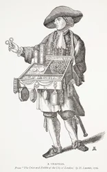 Un vendedor ambulante, de The Cries and Habits of the City of London por M. Lauren, 1709, ilustración de portada de Chap-books of the Eighteenth Century por John Ashton, pub. 1882
