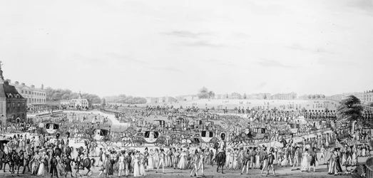 Representación correcta de la compañía yendo y regresando del salón de su majestad en el Palacio de Buckingham, publicado por G. Humphrey, 25 de mayo de 1822