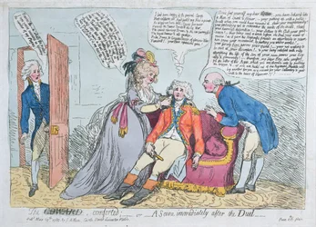 Un cobarde consolado, o una escena inmediatamente después del duelo, publicado por J. Aitken en 1789