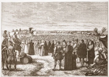 Una predicación en el campo cerca de Gante, ilustración de La Historia del Protestantismo de James Aitken Wylie (1808-1890), pub. 1878
