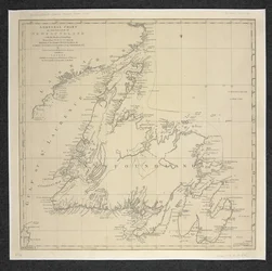 Un gráfico general de la isla de Terranova con las rocas y los sondeos, elaborado a partir de estudios realizados... Por James Cook y Michael Lane