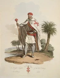 Un caballero templario, ilustración de La indumentaria de los habitantes originarios de las islas británicas desde los primeros tiempos hasta el siglo sexto, a la que se añade la de las naciones góticas de las costas occidentales del Báltico, antepasados