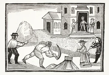 Un hombre cortando césped con una guadaña, que se llevó todo por delante, ilustración de Chap-books del siglo XVIII de John Ashton, pub. 1882