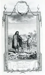 Una Mujer y un Niño Patagónicos en compañía del Comodoro Byron, ilustración tomada de los Viajes y Aventuras de Moore, 1778