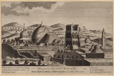 Vista de la iglesia del Santo Sepulcro en Jerusalén y otras estructuras