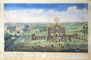 Vista en perspectiva de la magnífica estructura erigida en el Green Park para los fuegos artificiales reales, 1749