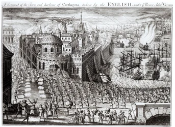 Una perspectiva de la ciudad y el puerto de Cartagena, tomada por los ingleses bajo el valiente almirante Vernon, 1741