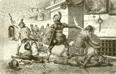 Un día festivo romano. Combate de gladiadores. El vencido apelando a los espectadores