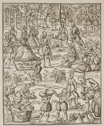 Un picnic real, lámina de Noble Art of Venerie and Hunting por George Turberville, 1575