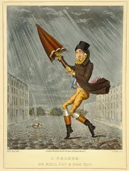 Un empapado o un verdadero día de perros y gatos, grabado por G. Hunt, publicado por Thomas McLean, Londres, 1827