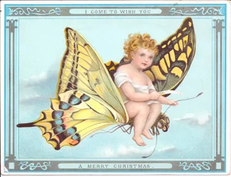 Tarjeta navideña victoriana de un niño volando en una mariposa, c.1920