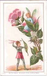 Tarjeta navideña victoriana de un hada sentada en una rosa y otra hada lanzando una lanza a una avispa, c.1880