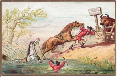 Tarjeta navideña victoriana de un caballo luchando en el agua mientras el otro es arrastrado a la orilla por su jinete, c.1880