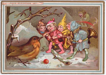 Tarjeta navideña victoriana de un grupo de elfos llevando instrumentos musicales y mirando a un petirrojo desconcertado, c.1880