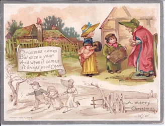 Tarjeta navideña victoriana de una anciana con dos niños en una granja, c.1880