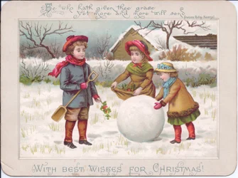 Tarjeta navideña victoriana de tres niños jugando con una gran bola de nieve, c.1880 (litografía en color)