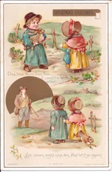 Tarjeta navideña victoriana de dos niños con una liebre, c.1880