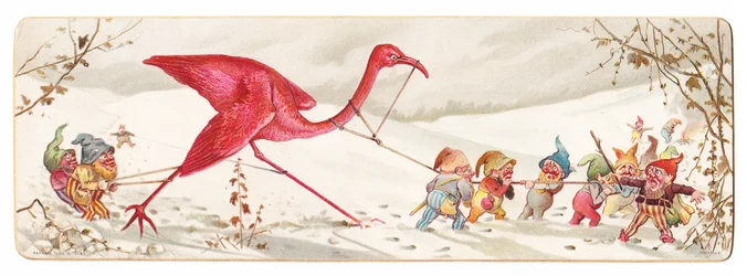 Tarjeta de Navidad victoriana que muestra una fiesta maliciosa de elfos llevando un flamenco capturado en la nieve, c.1880