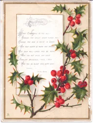 Tarjeta navideña victoriana con un gran ramo de acebo y un verso, c.1880