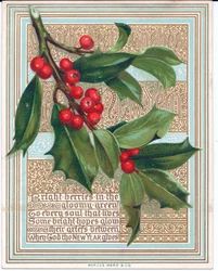 Una tarjeta de Navidad victoriana con un ramo de acebo cubriendo un verso. Publicado por Marcus Ward, c.1880