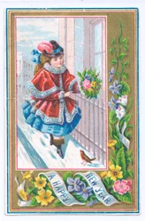 Tarjeta de Año Nuevo victoriana de una niña vestida con una capa forrada de piel sosteniendo un ramo de flores caminando en la nieve, c.1880