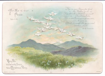 Tarjeta navideña religiosa victoriana de palomas voladoras en forma de cruz, c.1880