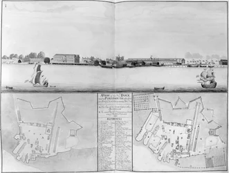 Vista del Astillero de Su Majestad en Portsmouth tomada desde el muelle nuevo, 1698