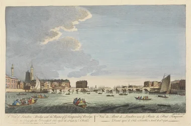 Vista del Puente de Londres con las Ruinas del Puente Temporal después del Incendio del 11 de abril de 1758 (grabado coloreado)