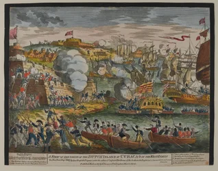 Una Vista de la Toma de la Isla Holandesa de Curazao en las Indias Occidentales, 1 de enero de 1807, publicada por G. Thompson en 1807